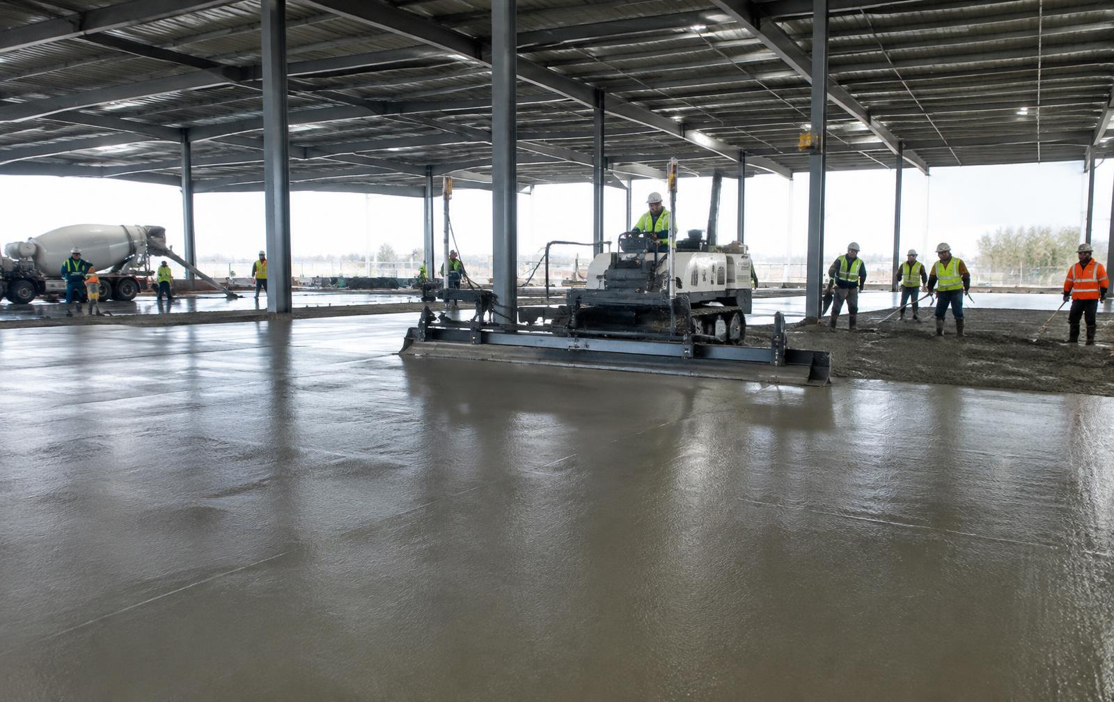 Laser screed placing a commercial slab