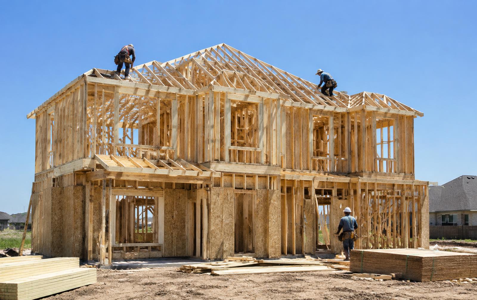 Representative wood framing and roof trusses under construction
