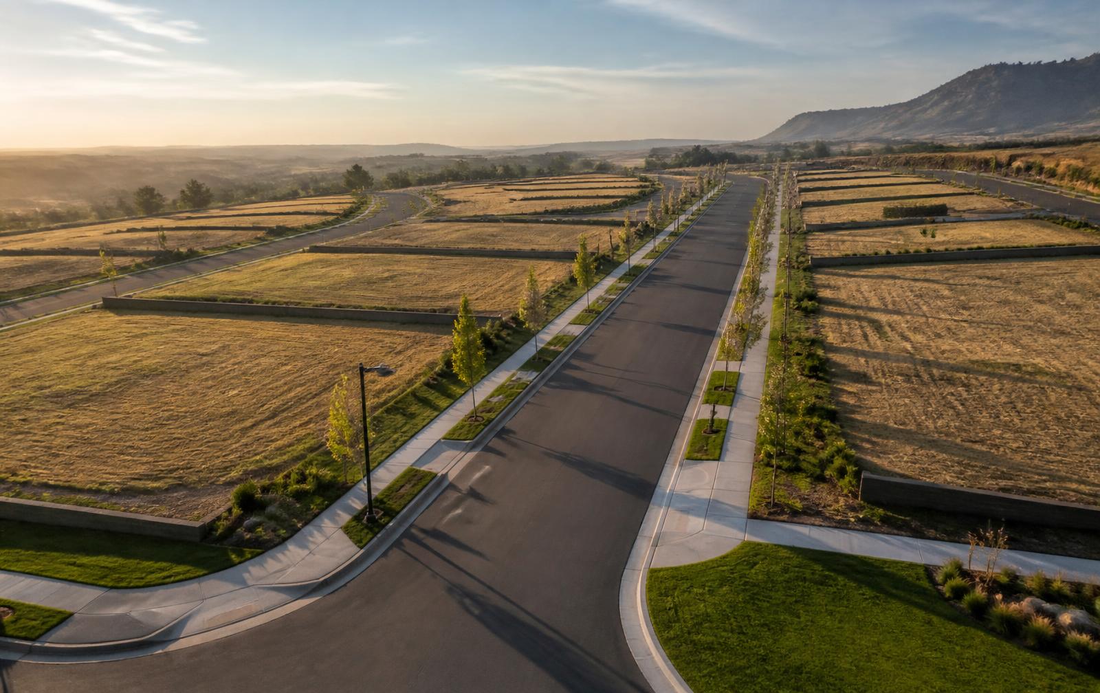 Finished residential street with curbs, sidewalks, street lighting, and graded lots ready for home construction